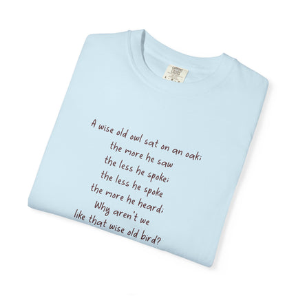 Poem & Owl Graphic T‑Shirt — 'A wise old owl...' Nature Poetry Tee
