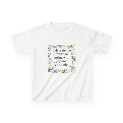 Kids’ T‑shirt with floral wreath and the quote “Celebrate the return of spring with joy and gratitude”