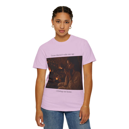 Cacao Doesn't Wake Me Up T-Shirt — Cozy Candlelit Illustration Tee
