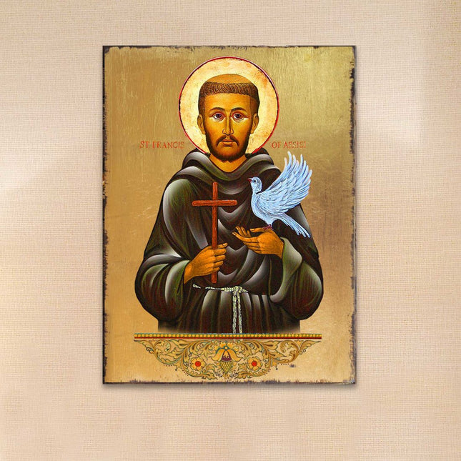 Saint Francis Wooden Gold Plated Religious Christian Sacred Icon - Inspirational Icon Decor - 85024-0