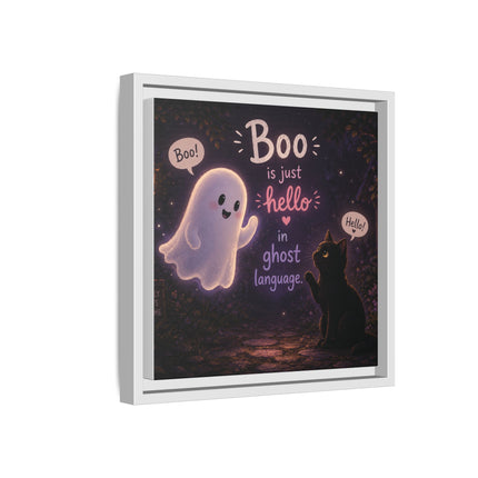Framed Canvas Art - "Boo is Just Hello" Cute Ghost & Black Cat Halloween Print
