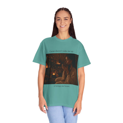 Cacao Doesn't Wake Me Up T-Shirt — Cozy Candlelit Illustration Tee