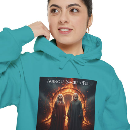 Hoodie - "Aging Is Sacred Fire" Fantasy Cloaked Figures Fire Portal Graphic Hoodie