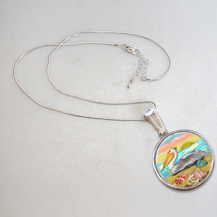 Pelicans Birds at Sea Silver Plated Mother of Pearl Jewelry Pendant Necklace Coastal - 44047-3