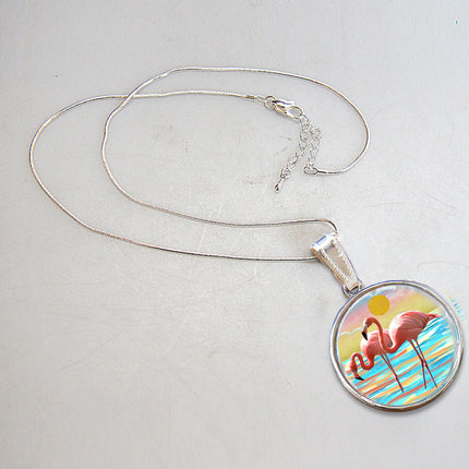 Flamingos Silver Plated Mother of Pearl Jewelry Pendant Necklace Coastal - 44046-3