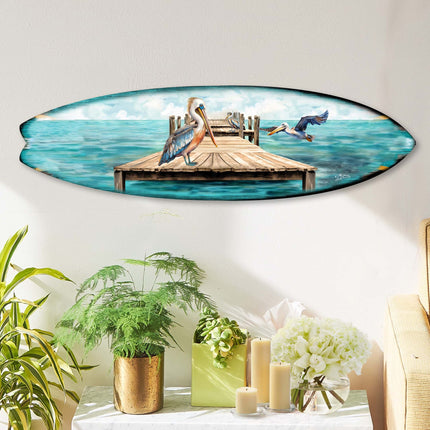 Pelican on the Pier Surfboard Coastal Wall Art by G. DeBrekht - Coastal Holiday Decor - 8490127HS-3