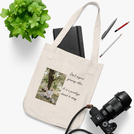 Organic Canvas Tote – Aging with Grace Quote & Yoga Art