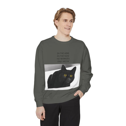 Cozy Cat Lover Sweatshirt - "In the Here, In the Now, No Worries, Only Meow"