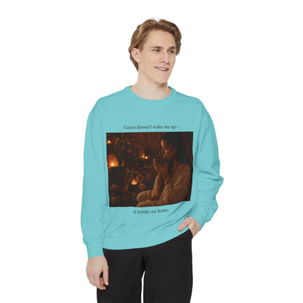 Cozy Candlelit Photo Sweatshirt — "Cacao doesn't wake me up... it brings me home"