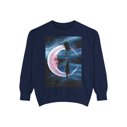 Moonlit Cats Sweatshirt —Whimsical Crescent Moon & Black Cat Graphic