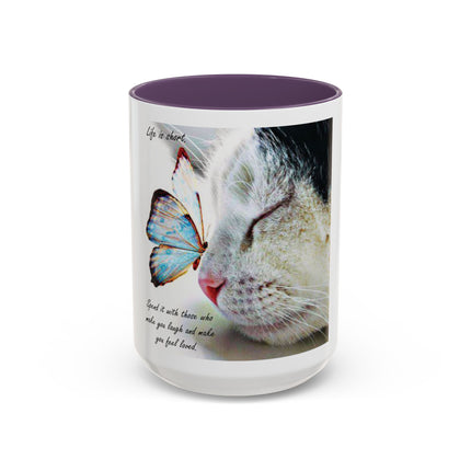 Cat & Butterfly Coffee Mug with 'Life is Short' Inspirational Quote (Accent, 11/15oz)