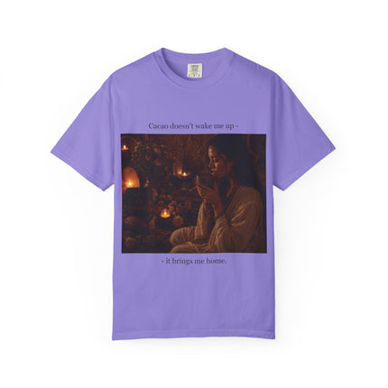 Cacao Doesn't Wake Me Up T-Shirt — Cozy Candlelit Illustration Tee