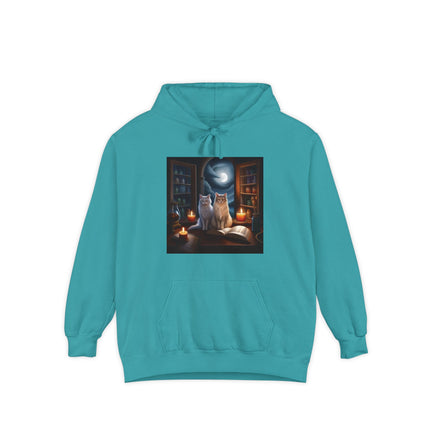 Mystic Cat Library Hoodie — Moonlit Cats, Candles & Spellbook Graphic Hoodie