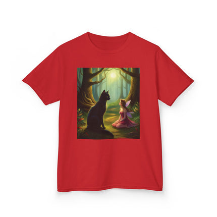 Enchanted Forest Kids Tee – Magical Fairy & Black Cat Design