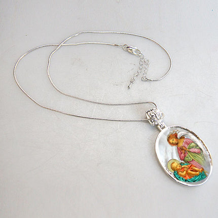 Blessing Angel with Child Silver Plated Mother of Pearl Silver Necklace - 43028-3