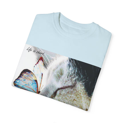Inspirational Cat & Butterfly T-Shirt | Life is Short Quote