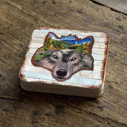 Wolf Face Wooden Cork Coasters Gift Set of 4 by Nature Wonders - Nature Wildlife Decor  - 8198227-4-9C-S4-1