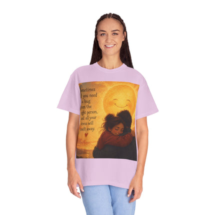 Hug Melt Away T-Shirt — Warm Sunset Illustration & Quote
