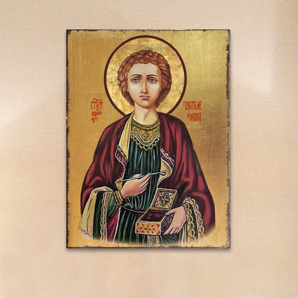 Saint Panteleimon Wooden Gold Plated Religious Orthodox Sacred Icon - Inspirational Icon Decor - 85023-0