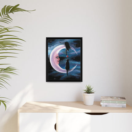 Framed Matte Canvas Moon Cats Wall Art — Whimsical Night Sky Print