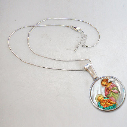 Blessing Angel with Child Silver Plated Mother of Pearl Silver Necklace - 43028-2