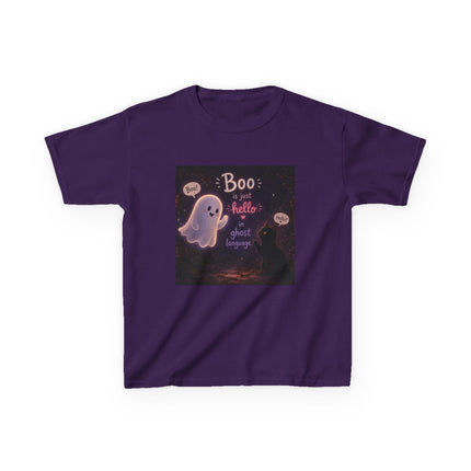 Kids Halloween Tee — "Boo: Hello Ghost Language" Cute Ghost Shirt