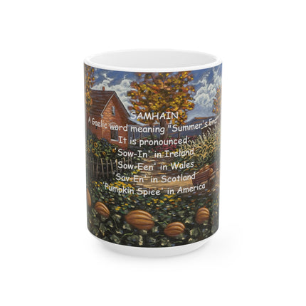 Samhain Ceramic Mug - Celebrate Autumn Vibes with Pumpkin Spice & Heritage - 15oz