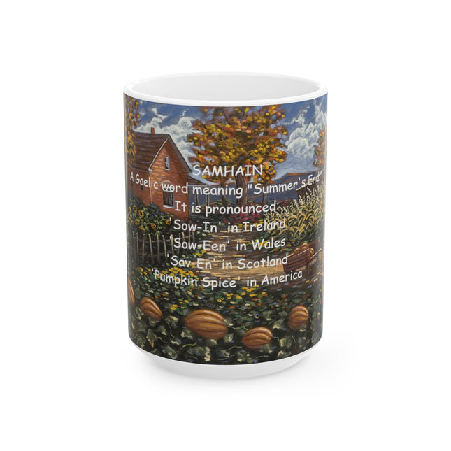 Samhain Ceramic Mug - Celebrate Autumn Vibes with Pumpkin Spice & Heritage - 15oz