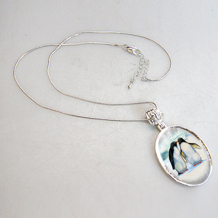 Penguins in Love Silver Plated Mother of Pearl Jewelry Pendant Necklace - 44033-1