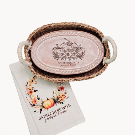 Bread Warmer & Basket Gift Set with Tea Towel - Pumpkin Oval-0