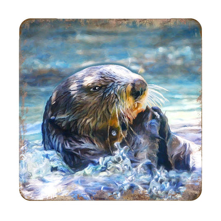 Otter Coastal Wooden Cork Coasters Gift Set of 4 by Nature Wonders - Coastal Sea-Life Decor - 95239C-S4-1