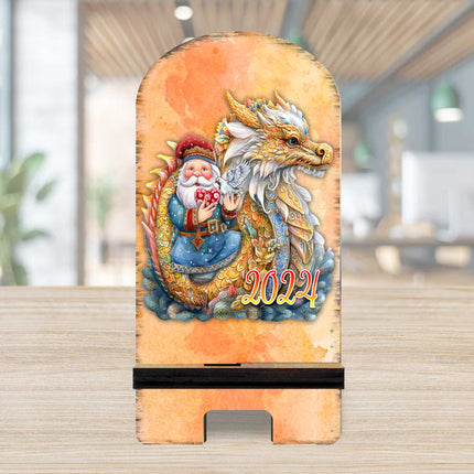 Santa with Dragon Cell Phone Stand Christmas Decor Wood Mobile Tablet Holder Charging Station Organizer - 8611088C-24-2