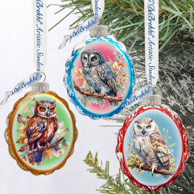 Wise Owls Mercury Glass Ornaments Set of 3 by G. Debrekht - Wildlife Holiday Decor - 770146S3-0