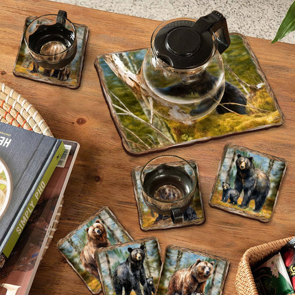 Bear Haven Wooden Cork Placemat and Coasters Gift Set of 7 by Nature Wonders Nature Wildlife Décor  - 85409C-S7-3