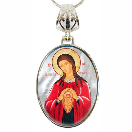 Blessed Virgin Mary Patron Silver Plated Mother of Pearl Jewelry Necklace - 43017-0