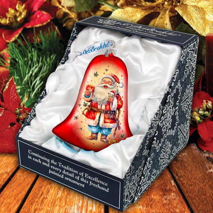 Santa Claus Spreading Christmas Happiness Bell Glass Ornament by G. Debrekht - Christmas Santa Snowman Decor - 752-042-4