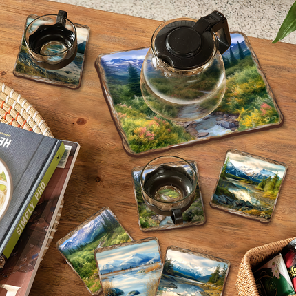 Mountain River Wooden Cork Placemat and Coasters Gift Set of 7 by Nature Wonders Nature Wildlife Decor  - 85407C-S7-1