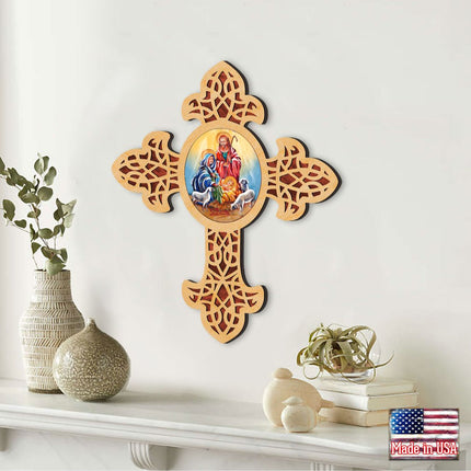Holy Family Pointy Wooden Cross by Museum Icons - Inspirational Icon Decor - 88350-3
