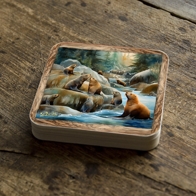 Coastal Sea Lions Wooden Cork Coasters Gift Set of 4 by Nature Wonders Nature Wildlife Decor  - 95386C-S4-0