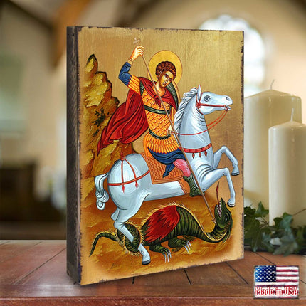 Saint George Wooden Gold Plated Religious Orthodox Sacred Icon - Inspirational Icon Decor - 85013-1
