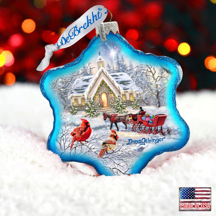 Sleigh Ride Snowflake Glass Ornament by D. Gelsinger - Christmas Santa Snowman Decor - 754-104-DG-1