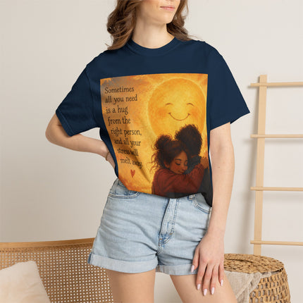Hug Melt Away T-Shirt — Warm Sunset Illustration & Quote
