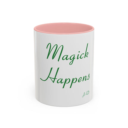 Magick Happens Coffee Mug — Witchy Green Script Accent Mug (11/15oz)