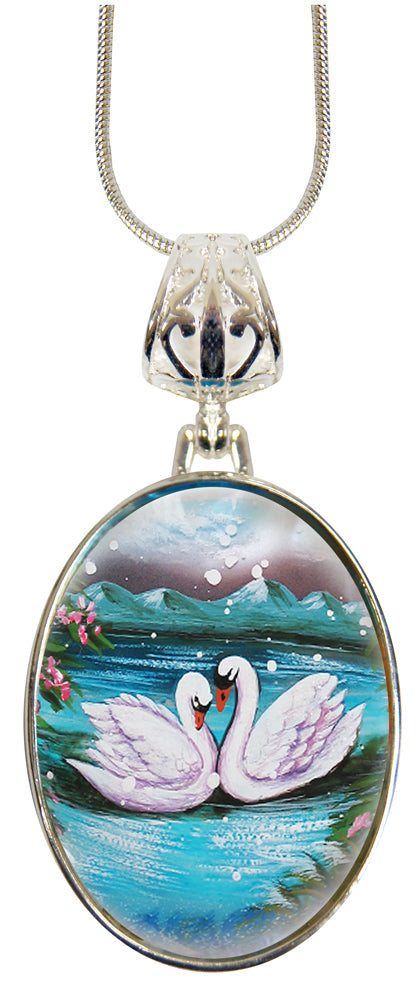 Swans in Love Silver Plated Mother of Pearl Jewelry Pendant Necklace - 44020-0