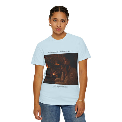 Cacao Doesn't Wake Me Up T-Shirt — Cozy Candlelit Illustration Tee
