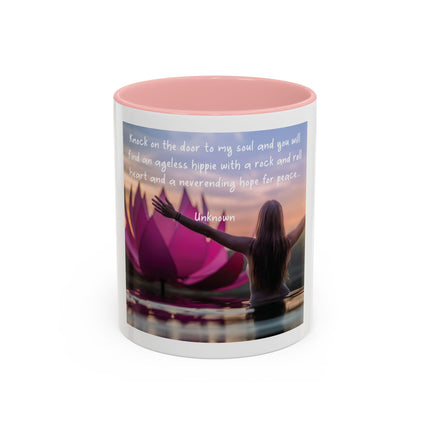 Inspirational Lotus Sunrise Coffee Mug — "knock on the door to my soul"