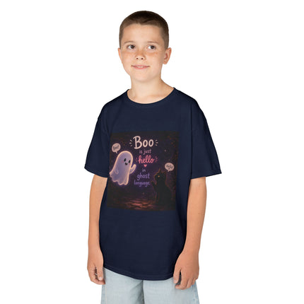 Kids Halloween Tee — "Boo: Hello Ghost Language" Cute Ghost Shirt