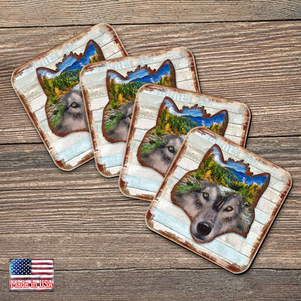 Wolf Face Wooden Cork Coasters Gift Set of 4 by Nature Wonders - Nature Wildlife Decor  - 8198227-4-9C-S4-0