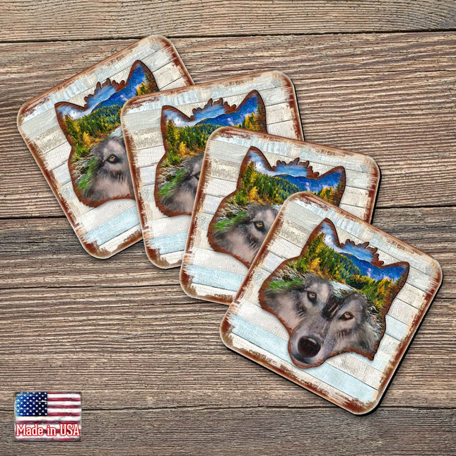 Wolf Face Wooden Cork Coasters Gift Set of 4 by Nature Wonders - Nature Wildlife Decor  - 8198227-4-9C-S4-0