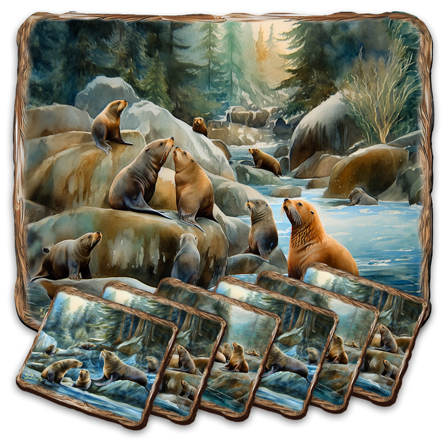 Sea Lion Cave Wooden Cork Placemat and Coasters Gift Set of 7 by Nature Wonders Nature Wildlife Decor  - 85413C-S7-0